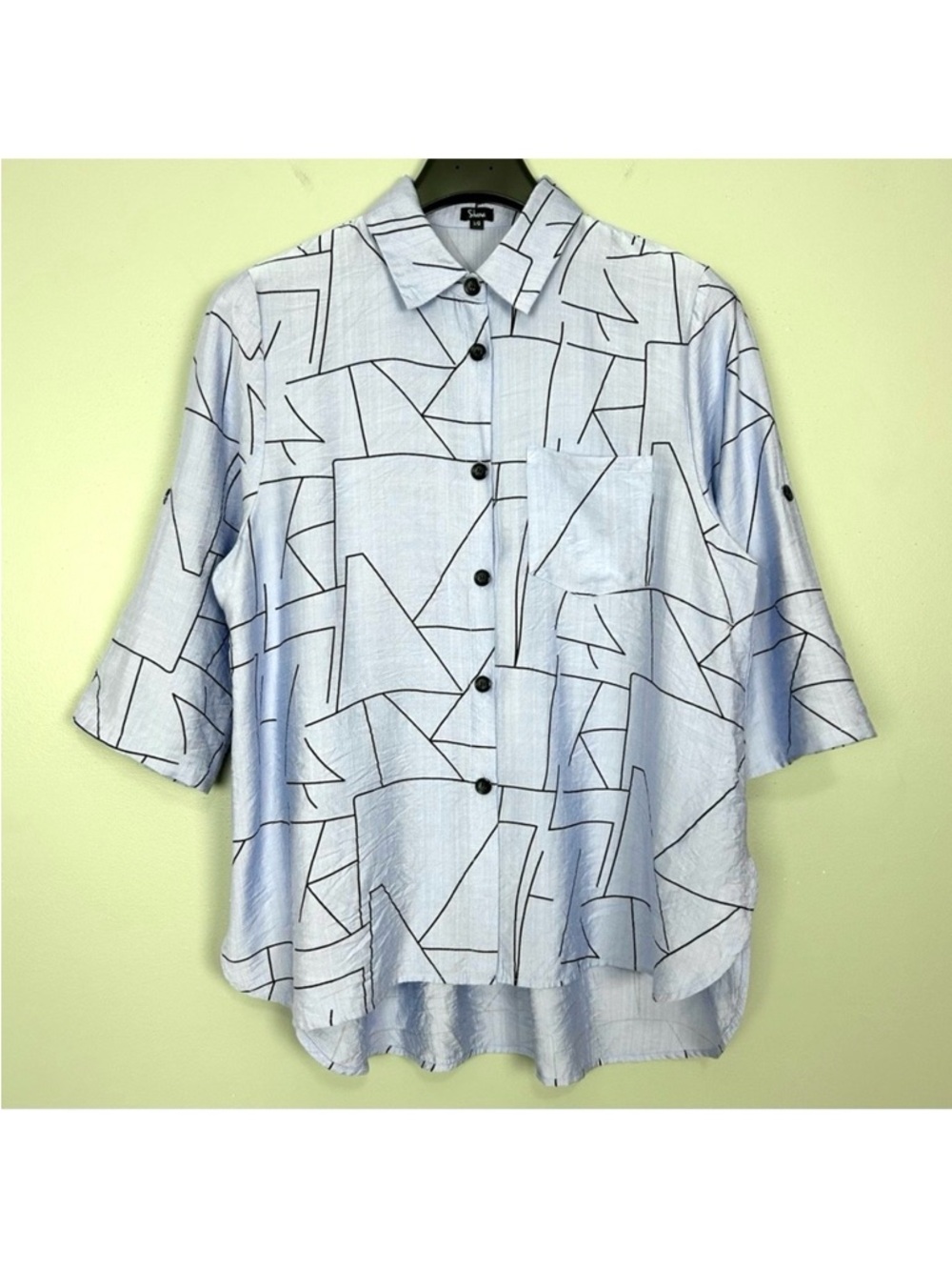Shana Abstract Art Printed Button Front Shirt Women’s Size L Roll Tab Sleeves